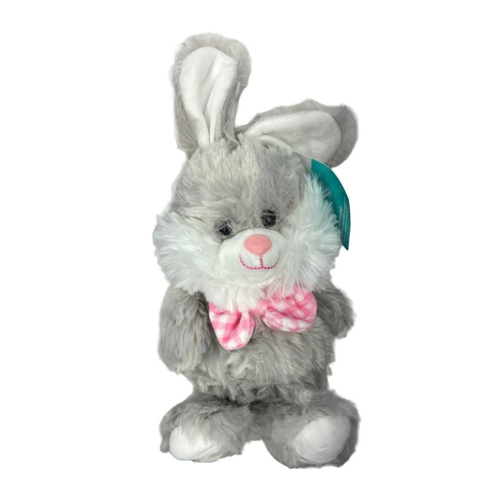 Way To Celebrate Furry Plush Gray Bunny Rabbit Pink Bow tie stuffed‎ Plush 12”